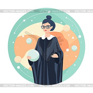 Female astrologer in mantle. Beauty astrology. - royalty-free vector image