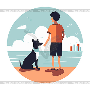 Guy with his pet. Boy and dog spending time togethe - vector image