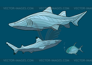 Decorative sharks in sea with fish - vector image