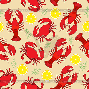 Lobster and crab with lemon and dill - vector clipart