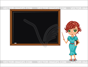 Cartoon teacher woman near blackboard - vector image