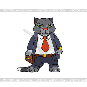 Grey cat boss with attache case - vector clipart