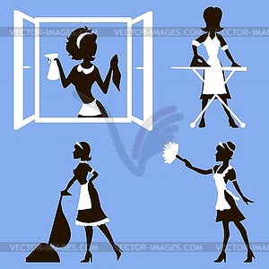 Vector set - silhouettes girl cleaning - vector image