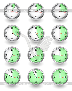 Twelve clocks showing different time - vector image