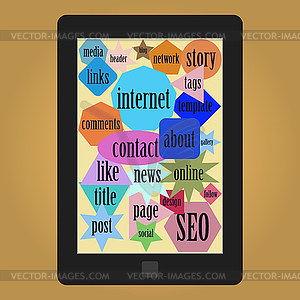 Tablet with words or tags related to web - vector clipart