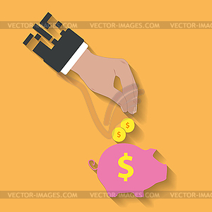 Business hand saving money in piggy bank - vector clip art