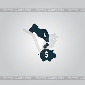 Piggy bank and hand with coin icon - vector clip art