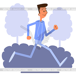 Cartoon young man jogging and listens to music - royalty-free vector clipart