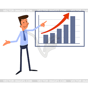 Cartoon businessman pointing at growth chart - vector image