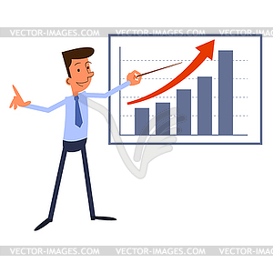 Мультяшный бизнесмен представляет диаграмму роста - изображение в векторе
