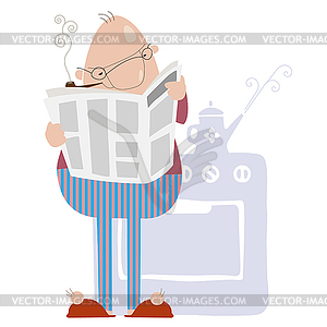 Man smoking a pipe and reading newspaper. - color vector clipart