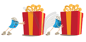 Shopping bag mascot pushing gift box. - vector clip art