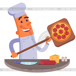 Cartoon chef holding pizza shovel with pizza. - vector clipart