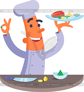 Cartoon chef holding plate with fish steak. - vector clip art