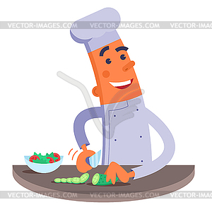 Cartoon chef cuts the vegetables for salad. - vector image