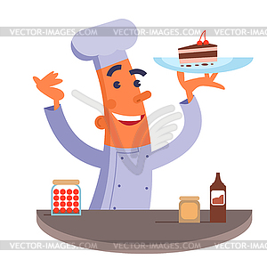 Cartoon chef holding plate with cake. - vector clipart