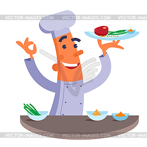 Мультяшный шеф-повар держит тарелку с мясом стейка. - иллюстрация в векторном формате
