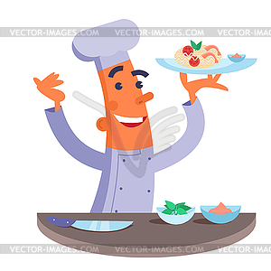 Cartoon chef holding plate with pasta and shrimps. - vector clipart