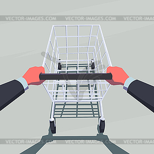 Male hands pushing empty shopping cart. - vector image