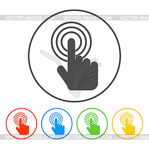 Sign emblem . Hand with touching button or - vector clip art