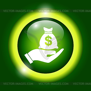 Money insurance sign. Hand holds cash bag in Dollar - vector image