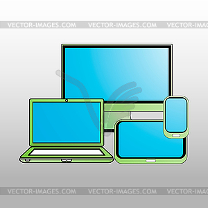 Реалистичная компьютер, ноутбук и телефон на фоне - векторный клипарт / векторное изображение