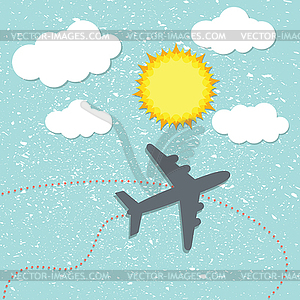 Airplane in the sky between sun and clouds, travel - vector image