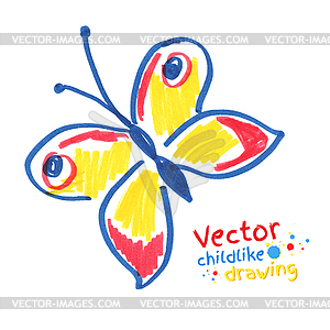 Childlike drawing of butterfly - vector clipart