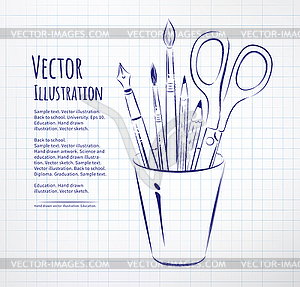 Кисти, ручки, карандаши и ножницы в держателе - цветной векторный клипарт