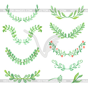 Watercolor painted laurels set. Floral wreaths and - vector image