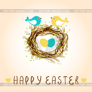 Happy easter card with birds and eggs in nest - vector image