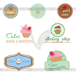 Set of vintage style logo with cupcake and candies - vector clipart