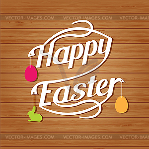 Happy easter lettering. White letters text on wood - vector image