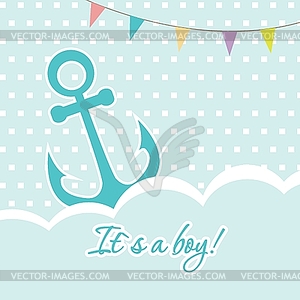 Baby boy shower card with cute anchor on seamless - vector clipart / vector image