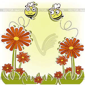 Beautiful postcard with bees and flowers - vector image