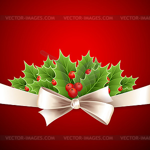 Christmas background with ribbon and holly - vector clip art