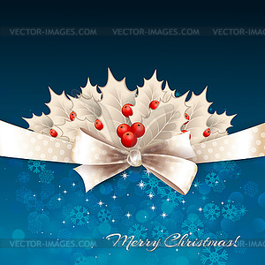 Christmas background with bow and holly - vector clipart