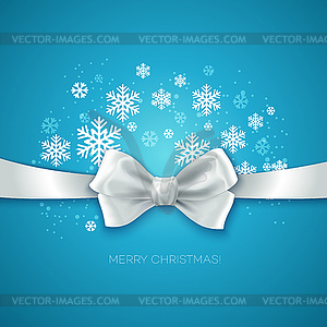 Blue Christmas background with white silk bow - vector image