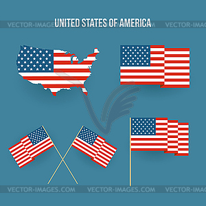 Set of american flag and map. Flat design - color vector clipart