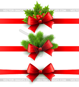 Red holiday ribbon with bow. holly and pine - vector clip art