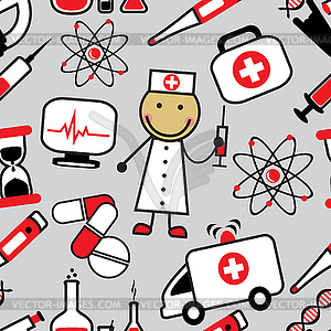 Cartoon seamless background with medical icons - vector clip art