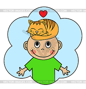 Cartoon boy and sleeping orange cat - vector clip art