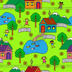 Бесшовный узор с домами, деревьями и людьми - изображение в векторном формате