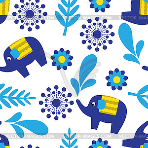 Cartoon seamless pattern with elephants and plant eleme - vector clip art