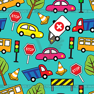 Seamless pattern with cars and traffic signs - vector image