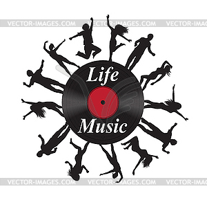 Record music and silhouettes of dancing people - vector clip art