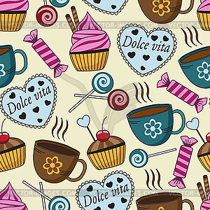 Seamless pattern with sweets and cups - vector clipart / vector image