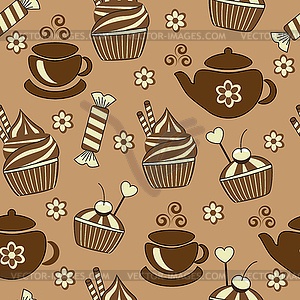 Seamless brown background with tea and sweets - vector clipart