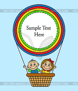 Children fly in balloon basket. - vector image