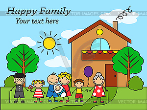 Cartoon big happy family near the house - vector image